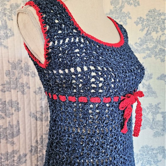 Size XS NEW Hand Crocheted Blue Mini Dress - Picture 7 of 9